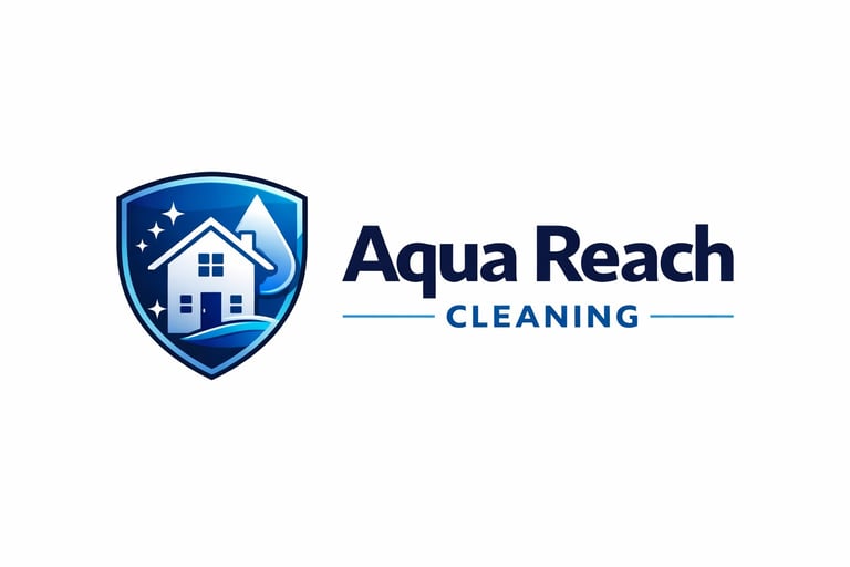 Aqua Reach Cleaning logo featuring a blue shield with a house and stars icon